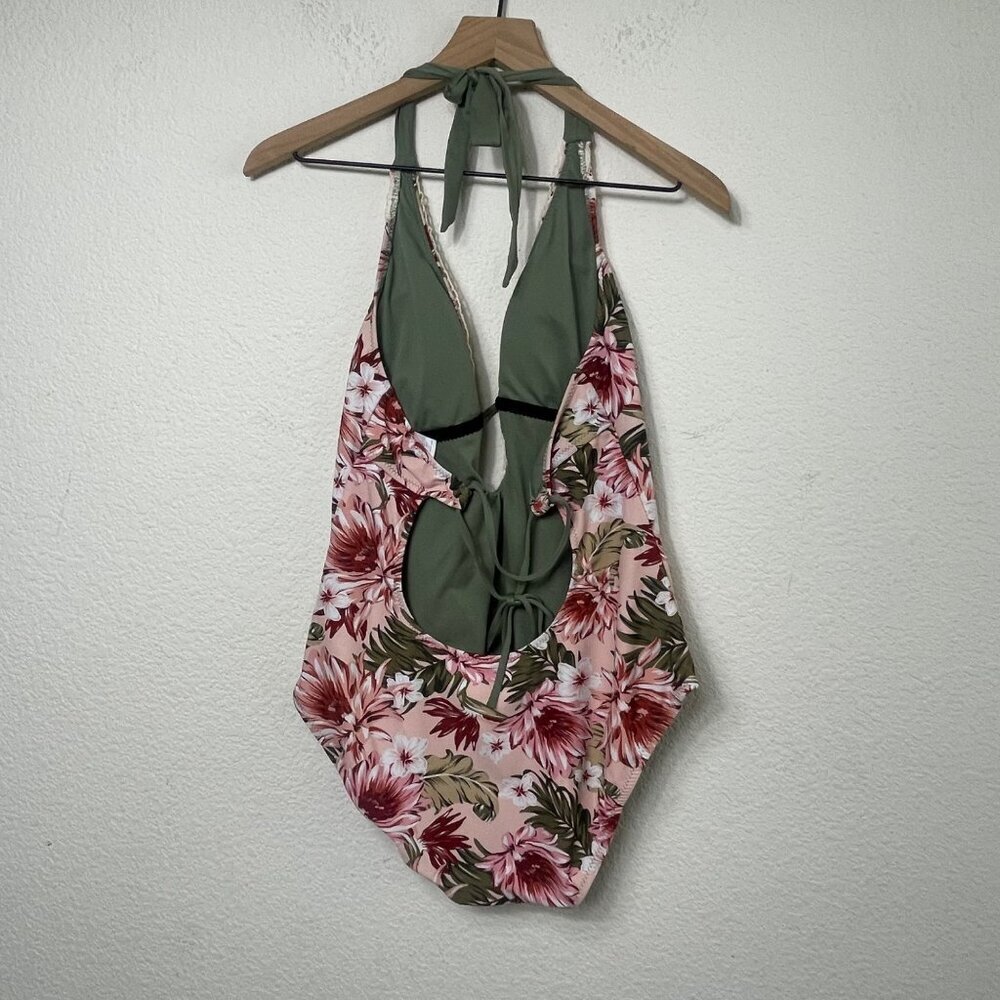 Kona Sol Women’s One-Piece Swimsuit Size Large Peach Floral Crochet Trim Plunge - Picture 7 of 8